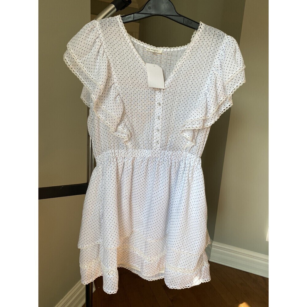 MAISIE Women's White Navy Polka Dot Tiered Ruffle Sleeve Dress Size L